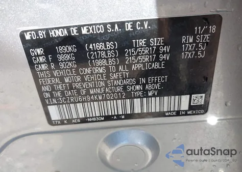 2019 Honda Hr-V Touring from USA, damaged, VIN 3CZRU6H94KM702012